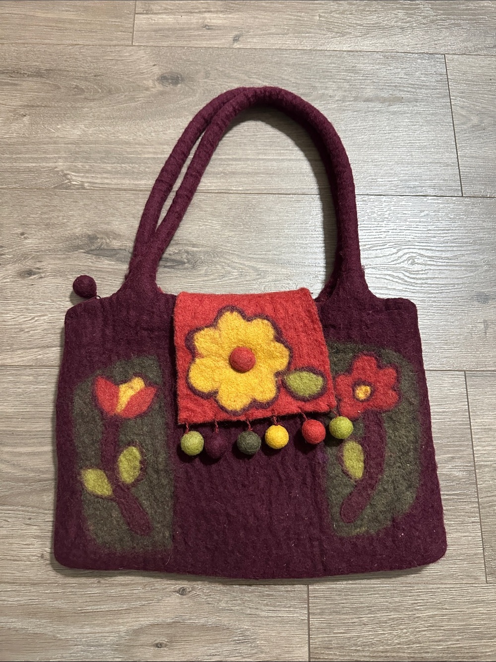 Rising Tide Maroon Floral Wool Shoulder Bag with Yellow Accent Zipper Close